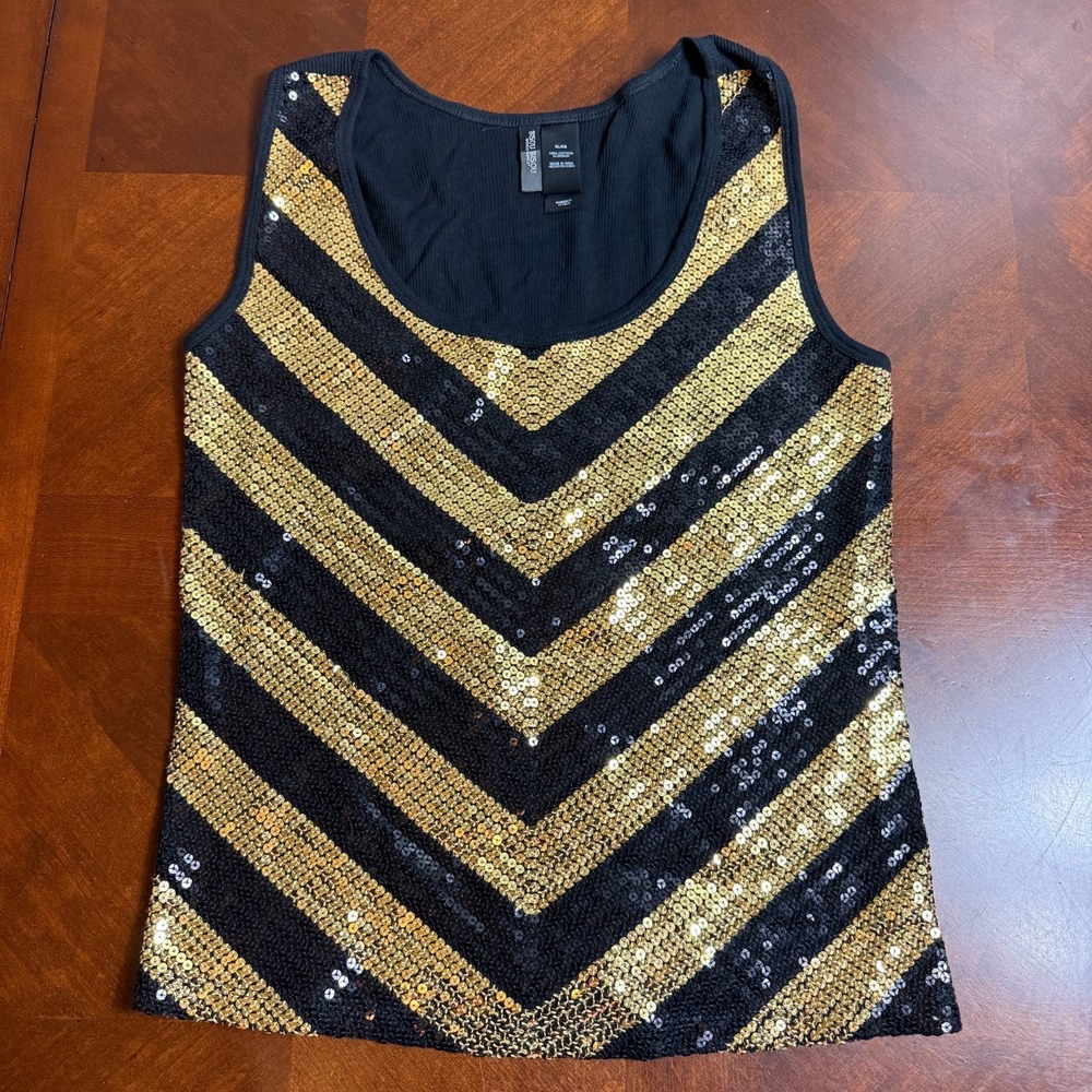 VTG Black Gold Sequin Chevron Tank Top Y2K Glam Party Retro Festival